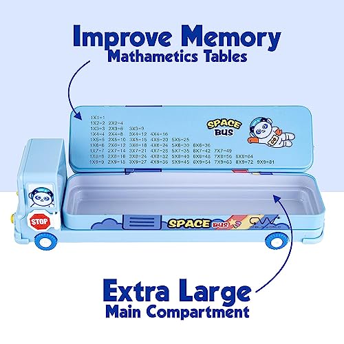 Image of LONGMIRE Plastic Space School Bus Shaped Pencil Box for Kids with Wheels and Sharpener Metal Bus Pencil Box for Boys Multicolor