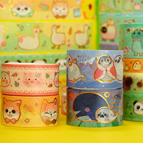 YUBX Cute Pets Washi Tape Set 13 Rolls Wide Gold Embellishment Decorative Masking Tapes for Arts, DIY Crafts, Journals, Planners, Scrapbook, Wrapping (Animal Kindergarten)
