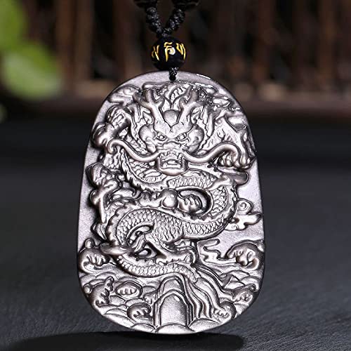Natural Crystal silver Obsidian Dragon Necklace Amulet Pendant with Adjustable Bead Chain for Men2