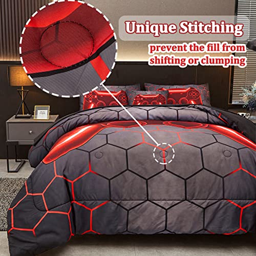 Image of Game Console Red Comforter Set with Sheets, 6 Pcs Bed in A Bag Geometric Lightweight Full Size Boys Bedding Set for Girls Kids