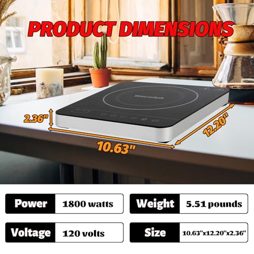 Portable Single Induction Cooktop Hot Plate Countertop Burner Cooker 1 Burner, 1800W, 9 Power Levels, 10 Temp Levels, Timer, Auto-Shut-Off, Touch Panel, LED Display, Child Lock, Black - Image 3