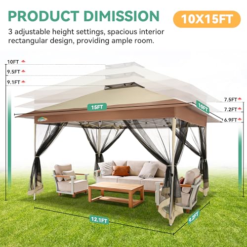 Image of COBIZI 10x15 FT Pop up Gazebo on Clearance - Outdoor pop up Heavy Duty Canopy Tent,carpas para Patio,Screen Tents with Portable Carry Bag, Patio Gazebos for Camping, Garden, Deck, Backyard, Khaki