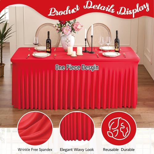 Image of Outpain 6ft Spandex Polyester Blend Tablecloth for Standard Folding Tables - 6 Pack Red Table Protector for Party, Wedding, Banquet, Festival