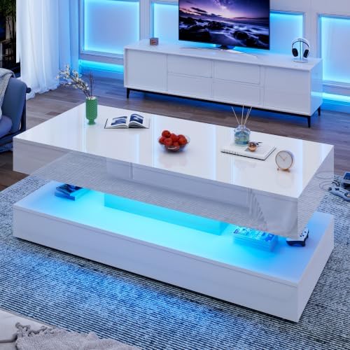 Uspeedy 47.3in Large High Glossy LED Coffee Table with 2 Storage Drawers,Black/White Modern Coffee Tables for Living Room,Living Room Tables,APP LED Lights (White)