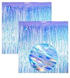 Sharonlily Gorgeous Iridescent Fringe Tinsel Streamers, 2 Pack of 3.3X 3.3 ft Neon Transparent Holographic Metallic Foil Door Curtain for Mermaid Frozen Ocean Proms Party Event Theme Decoration