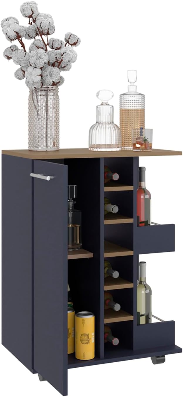 Cart, Two External Shelves, Four Casters, Six Built-in Wine Rack, Single Door Cabinet, Oak, Navy Blue Spacious Cabinet with Enclosed Shelves Storage Solution for Liquor