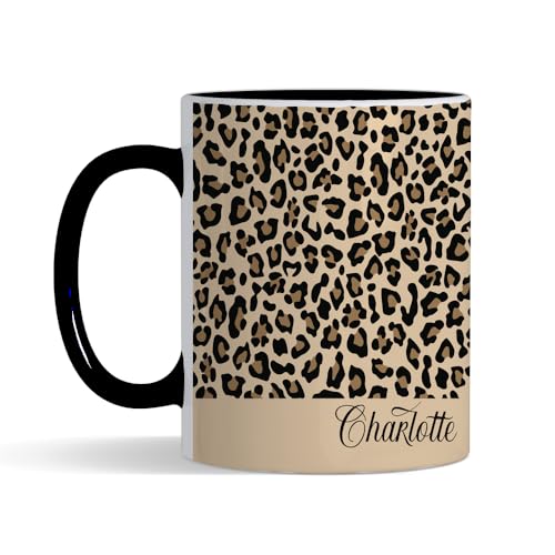 Getagift Personalised Cheetah Print Mug Custom Name, Leopard Print, Animal Print, Inside Coloured Coffee, Tea Mug. (Black)