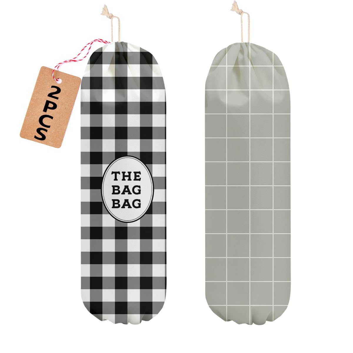 2 Pcs Black and White Checkered Plastic Bag Holder, Beige Grid Grocery Bag Holder for Plastic Bags, Reusable Grocery Bags Storage Dispenser for Home