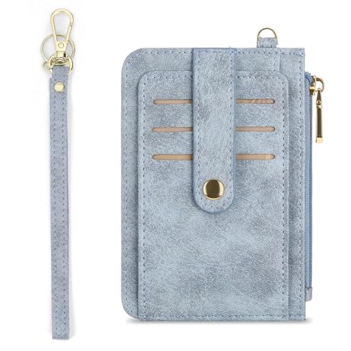 Image of SENDEFN Small Wallet for Women RFID Leather Credit Card Holder Slim Purse Wristlet Keychain Wallet with Zipper Pocket(Light Blue)