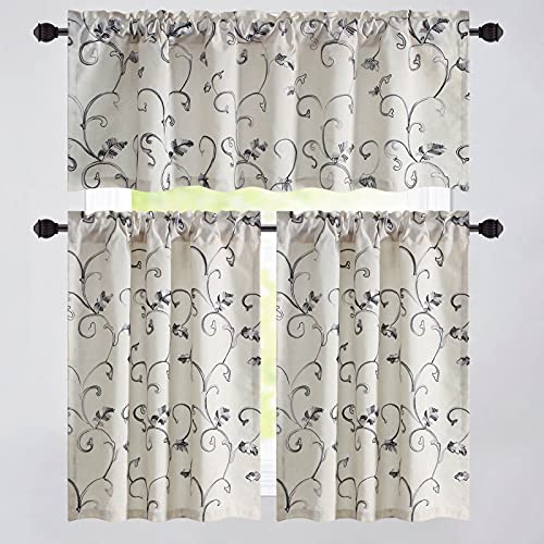 VOGOL Dekorativer Vorhang mit Ranken, Bestickt, mit Volant, graue Stangentasche, Kleiner Fenstervorhang für Wohnzimmer, Küche, 3 Paneele, 132 x 45 cm und 76 x 91 cm Cover