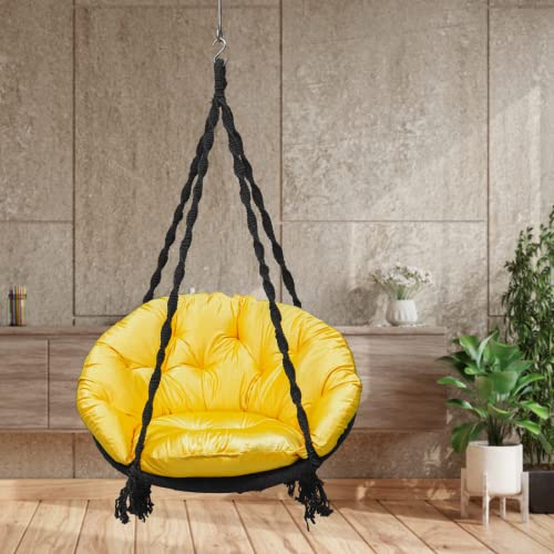 Image of Swing for Balcony /Swing for Adult /Swing for Adults for Home /Jhula for Adults /Swing for Living Room /Jhula for Home /Premium Cotton Round Swing Chair with Large Yellow Sitting Cushion (Black)