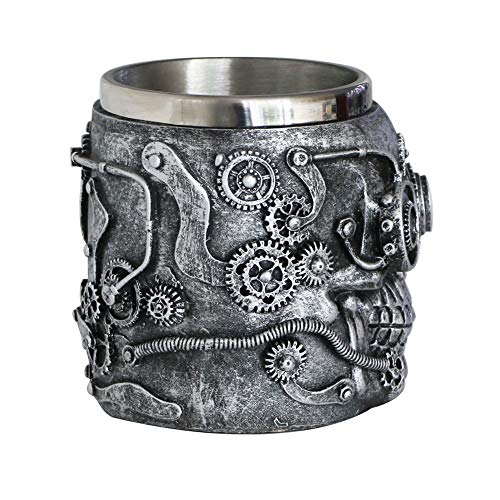 Steampunk Skull Beer Coffee Mug - Mechanical Gearwork Pipeline Beer Stein Tankard - Viking Drinking Stainless Steel Cup 14oz - Ideal Novelty Gift Themed Party Decoration