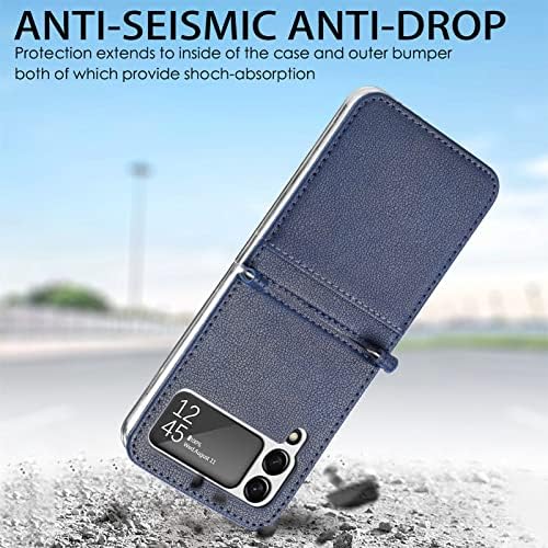 Daole Leather Phone Case for Samsung Galaxy Z Flip 3 Blue, Simple Fashion Fine and Smooth Litchi Texture PU Leather Cover for Samsung Galaxy Z Flip 3 Case with Card Holder Men