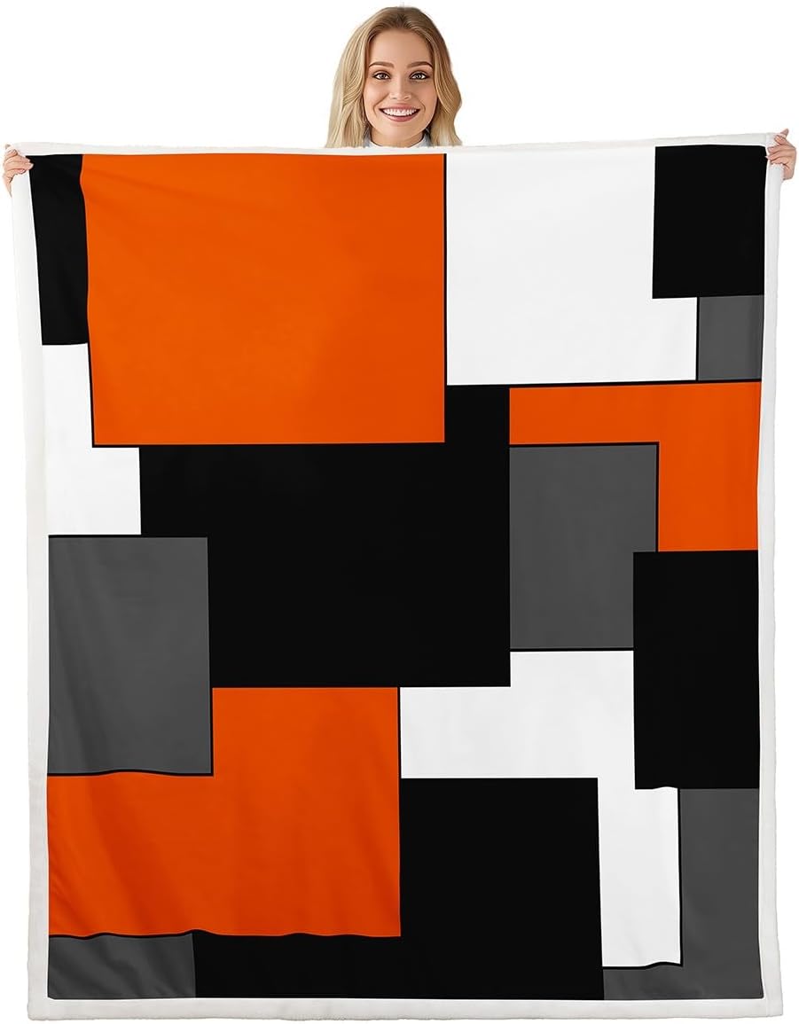 Erosebridal Orange Black White Checkered Fleece Blanket,Geometric Plaid Throw Blanket Throw 50x60 Inch for Bedroom Living Room Sofa Couch,Square Fuzzy Blankets,Abstract Art Sherpa Blankets