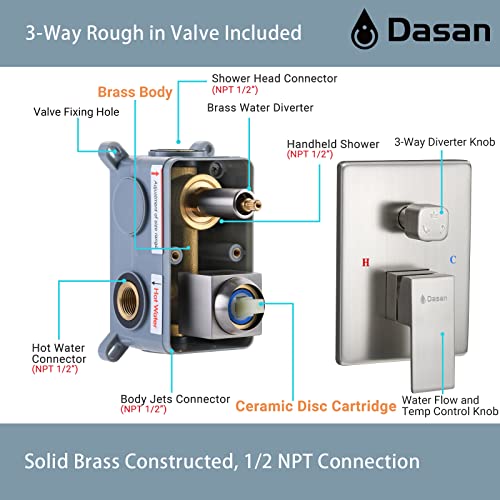 Brushed Nickel Shower System with 4 PCS Shower Body Spray Jets & 12’’ Ceiling Shower Head & Handheld Spray, DASAN Full Body Shower Faucet System with Jets Rainfall Shower Combo Set, SA-SS03BBN-S12C