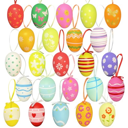 NOZVYCI 24 pièces Œufs de Pâques à suspendre, 6 cm Œufs de Pâques en plastique grands à suspendre pour enfants, décoration de Pâques, bricolage, œufs en plastique colorés avec ruban de soie pour la
