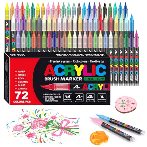 Gunsamg Lot de 72 Couleurs Marqueurs de Peinture Acrylique à Base D'Eau Avec Pointe Pinceau Flexible de 1 à 5 Mm pour Peinture Sur Roche, CéRamique, Verre, Pierre, MéTal, Tissu