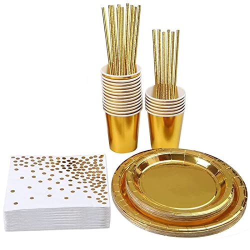 FCQLFYF 83 Pièces Kit Vaisselle Jetable Anniversaire,Or Assiettes Anniversaire Papier Tasses Serviette Or Papier Paille pour Dîner Fête Anniversaire Baby Shower Party Mariage(30 Invités)