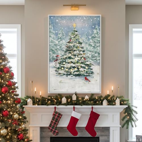 An Artistic Snowy Christmas Tree Canvas Wall Art With Rustic Charm