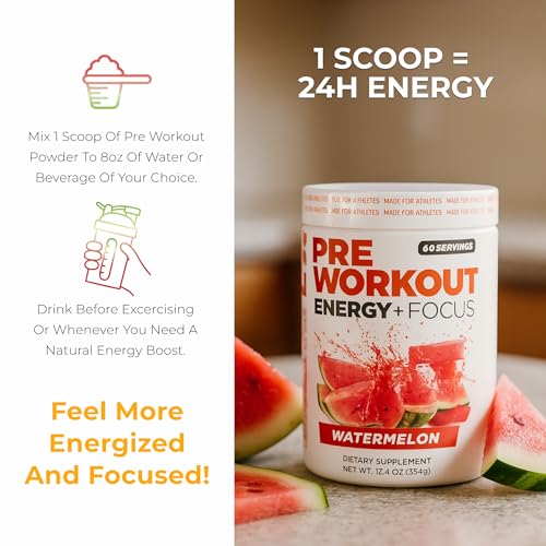 Image of About Time Pre Workout Energy + Focus, Watermelon | 60mg Caffeine from Green Tea, Natural Flavors, No Jitters or Crashes, No Stim, Gluten Free, Sugar Free, 60 Servings