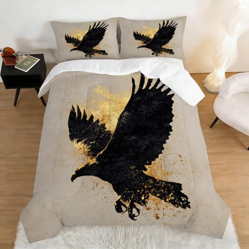 Image of Wildlife Eagle Comforter Set Queen Size Black and Gold Wild Animal Bedding Sets for Kids Teens Boys Men Adults Bedroom Abstract Art Quilt 1 Comforter 2 Pillowcases