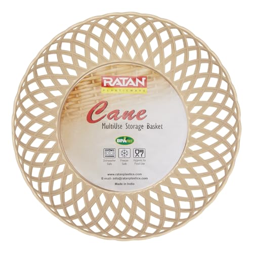 Image of RATAN PLASTICWARE Cane Large Plastic Storage Basket for Fruits, Vegetables & Snacks - Decorative Woven Design for Kitchen, Dining Table & Home Use I Pack of 3 - Beige