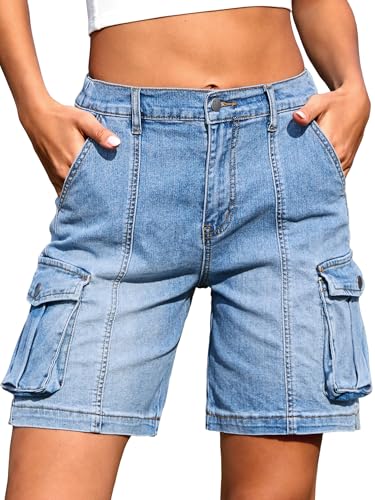 ELLEVEN Bermuda Cargo Jean Shorts Women Elastic High Waisted Denim Long Shorts Baggy 7 Inch Inseam Jorts Y2K Summer Jorts with Pockets Blue Denim Medium