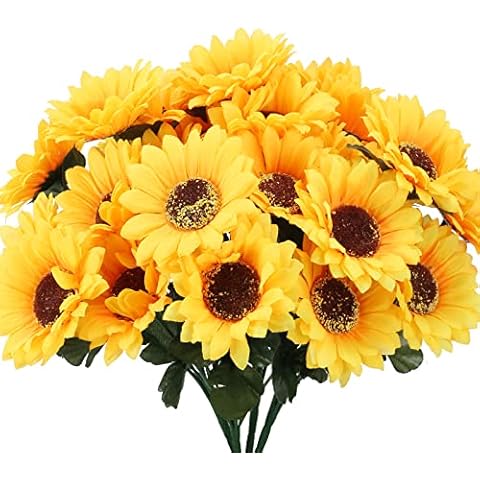 LISSUDA 4Pcs Artificial Sunflower Bush Faux Silk Flowers Yellow Fake Autumn Bouquet Silk Sunflowers Bulk for DIY Vase Party Wedding Autumn Home Table Grave Flower Decor Cover