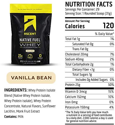 Ascent Native Fuel Whey Protein Powder - Post Workout Whey Protein Isolate, Zero Artificial Ingredients, Soy & Gluten Free, 5.7g BCAA, 2.7g Leucine, ...