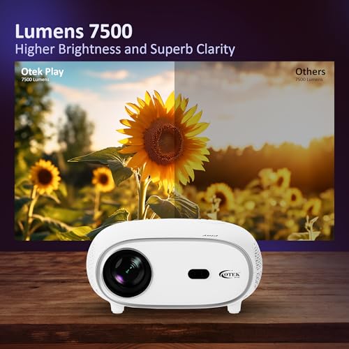 Image of OTEK Play Smart Projector, Android 13, 1080P Native, 4K Support, 7500 Lumens, Auto Focus & Keystone, WiFi & Bluetooth, 5W Speaker, Portable Home Theater Cinema, White
