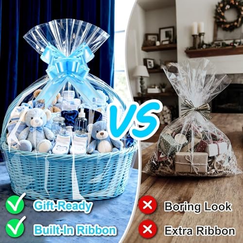 Image of PigPotParty Cellophane Bags for Gift Baskets, 30x40 in, 10 Pack, Blue Bows | Thick clear OPP holds shape; seamless bottom resists tears; easy-to-use large pull bows save time and add a polished finish