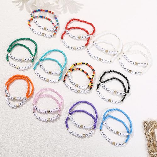 Taouzi 24Pcs 𝐉𝐞𝐬𝐮𝐬 𝐋𝐨𝐯𝐞𝐬 𝐘𝐨𝐮 Bracelets Bulk Handmade Clay Beads 𝐁𝐢𝐛𝐥𝐞 𝐕𝐞𝐫𝐬𝐞 Bracelets Christian Friendship Jewelry Xmas Gifts for Women2