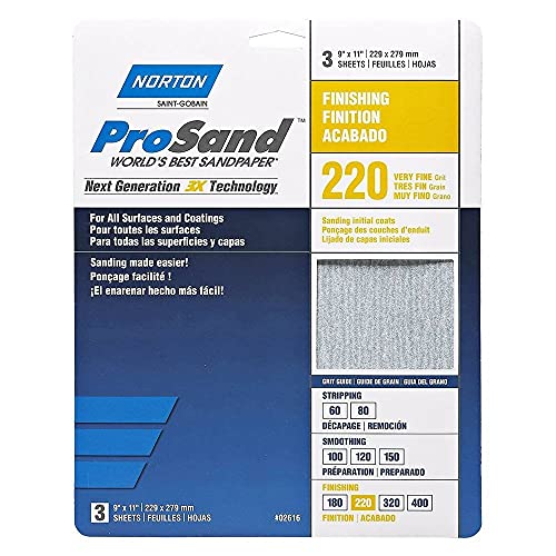 Norton Co. 2616 Norton 02616 3X Handy Aluminum-Oxide Sandpaper 220 Grit, 9 x 11-Inch, 3-Pack, 1-Pack, No Color, 3 Count