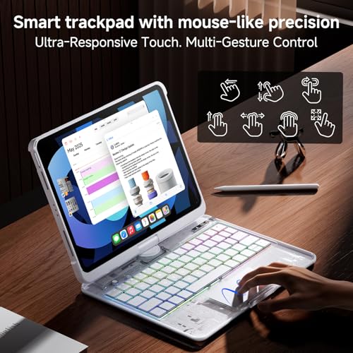 Image of Clear Keyboard Case for iPad Air 11 Inch (M4 /M3 /M2, 2026 /2025 /2024) / iPad Air 5th /4th Generation 10.9 inch / iPad Pro 11 inch 1st /2nd /3rd /4th, Trackpad, Pencil Holder, 7-Color Backlit, Rotatable,White