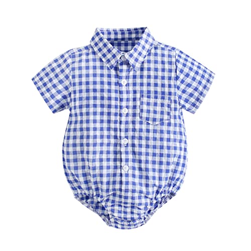 Image of ikevan Baby Plaid Romper Short Sleeve Lapel Newborn Boys Button Down Onesie Pockets Shirt Jumpsuit Casual Soft
