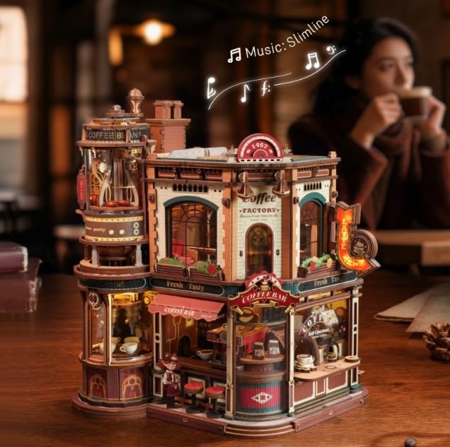ROBOTIME Drewniane puzzle 3D dla dorosłych do zbudowania - Dream Coffe Factory, miniaturowy zestaw konstrukcyjny z muzyką, światłami i animowanymi scenami, miniaturowy dom/Book Nook Café EAB02