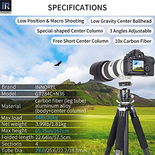Image of INNOREL GT284C and N36 Carbon Fiber Tripod Professional Compact Tripod with Low Gravity Center Ball Head Special-Shaped Center Column 29mm Tube Max Load 20kg for DSLR Camera Heavy Duty Stand