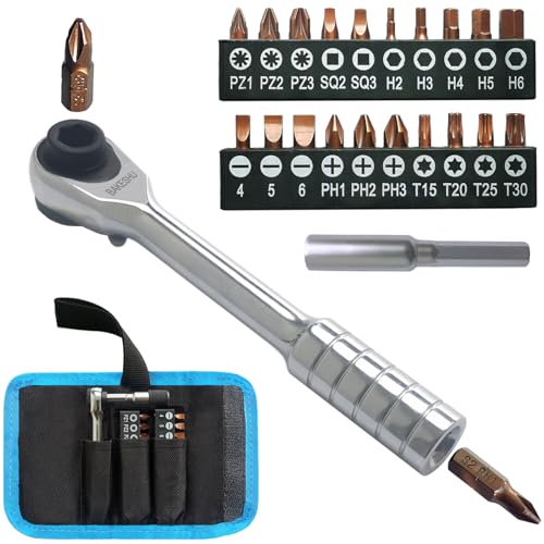 Clé à cliquet magnétique, tournevis réversible à cliquet 1/4 de pouce, mini-tournevis à cliquet avec Phillips, fente, Torx, hexagone, carré, Pozidriv...