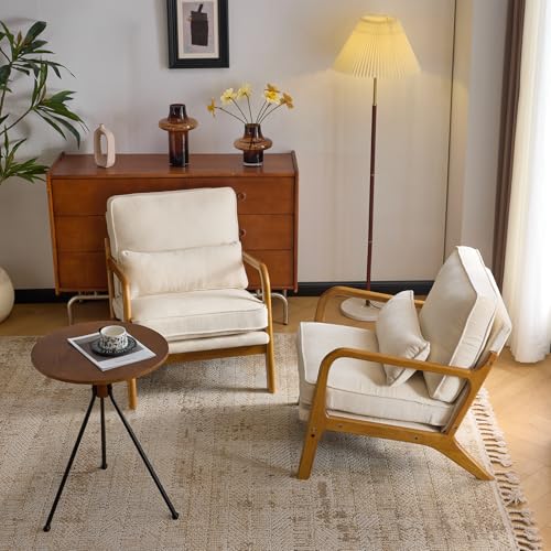 VINGLI Chenille Mid-Century Modern Accent Chair Set of 2, Cute Reading Arm Chair with Cushion & Lumbar Pillow & Solid Wood Frame for Lounge, Living Room, Reading Room, Bedroom,Cream
