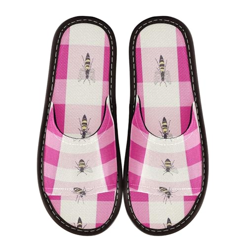 KLL Spa Shower Slippers Indoor and Outdoor Portable Cute Rubber Sole Home Shoes for Travel Airplane Hotel 10.5-11 Buffalo Plaid Check White Hot Pink Bees