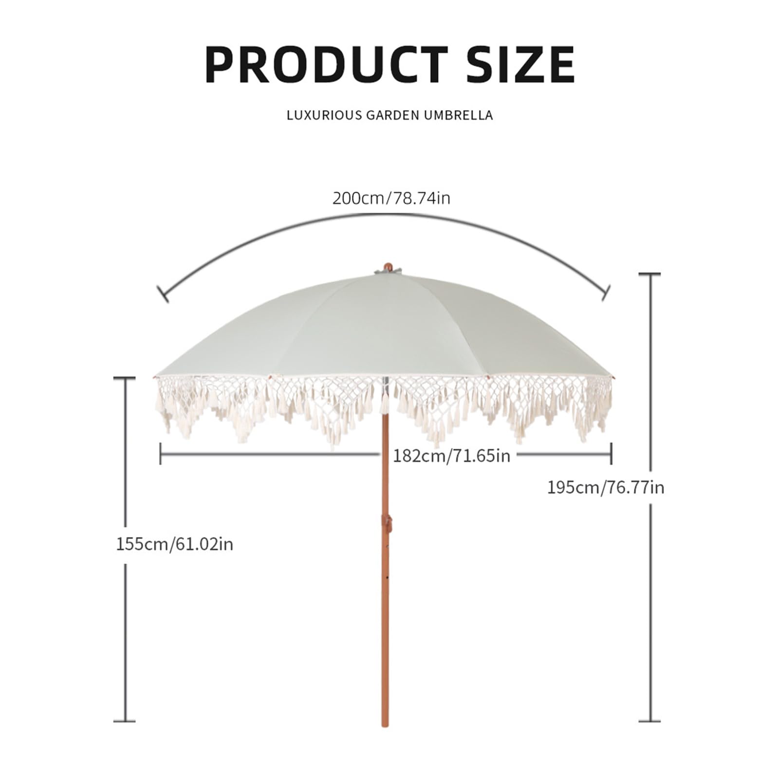 Sombrilla de Playa con Flecos 200cm Inclinable Regulable, Sombrilla Bohemia Portátil con Bolsa para Jardín Terraza Piscina, Protección Solar UPF 50+ Impermeable
