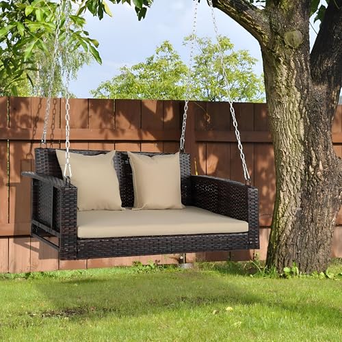 Image of Patio Outdoor Double Seater Swing Chair Without Stand for Balcony, Garden | Weather Resistant Rattan & Wicker Hammock Jhula for Adults | Outdoor Sofa Swing (Brown and Cream)