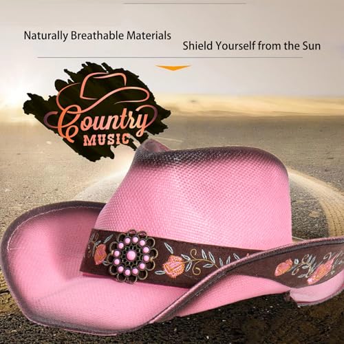 Image of Cowboy Hats for Women, Brown Cowgirl Hats Classic Straw Western Hats for Women Music Festival Party Beach.