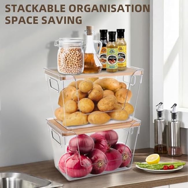 2 Set Pantry Organizers and Storage - Stackable Pantry Storage Bin Containers for Potato, Onion, Garlic, Fruit, Vegetable, Produce - Clear Front Open Kitchen Organization Baskets with Lid