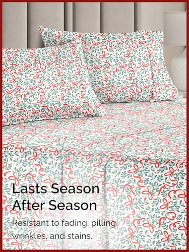 Queen Christmas Ribbon Sheet Set - Holiday Xmas Pattern Bedding Set - Deep Pockets - Snug Fit - 4 Piece - Wrinkle Free & Easy Care - Comfy Festive Winter - Holiday Sheets for Women, Men, Kids & Teens