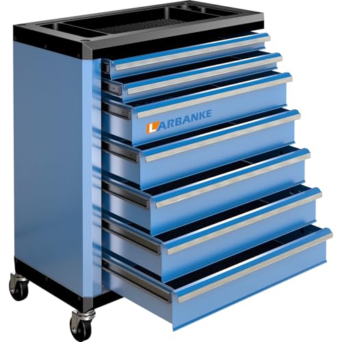 LARBANKE Werkstattwagen 7 Schubfächer,multifunktionaler Rollcontainer Mobile Werkstattwagen,Werkzeugwagen mit Zwei Schlüsseln abschließbar &Antirutschmatten, 2 Rollen mit Feststellbremse,Blau