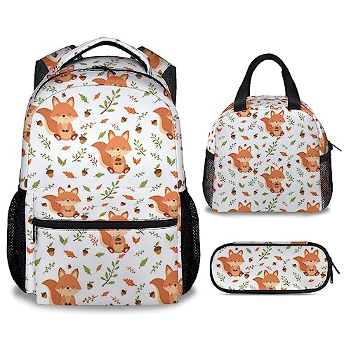 CUSPCOD Fox Backpack with Lunch Box and Pencil Case for Girls Boys 16 Inch School Bookbag with Adjustable Straps Travel Bag Durable Lightweight Large Capacity