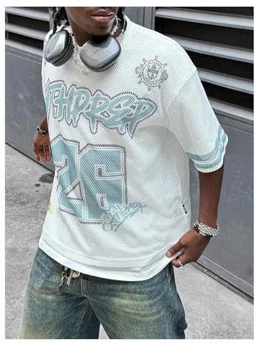 Verdusa Men's Mesh Hollow Out Letter Print Jersey T Shirt Round Neck Tee Tops4