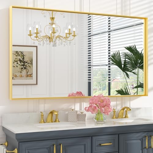 Image of Keonjinn 60x36 Inch Gold Bathroom Mirror for Over Sink, Wall Mounted