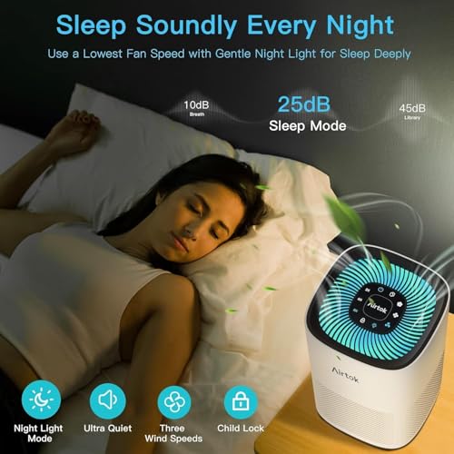 AIRTOK Purificateur d'air, Air Purifier avec Filtre H13, Jusqu'à 990 Ft², HEPA Purificateur éliminant 99,97% de la poussière, de la Fumée, les Poils d'Animaux, Pollen, veilleuse, Timer, AP1001 – Image 5